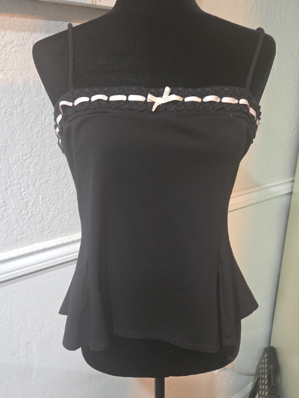 Sky Black Spaghetti Strap Peplum Camisole with White Trim
